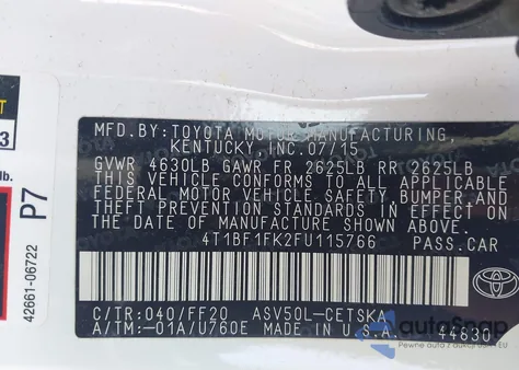 2015 Toyota Camry Se из США, поврежденный, VIN 4T1BF1FK2FU115766